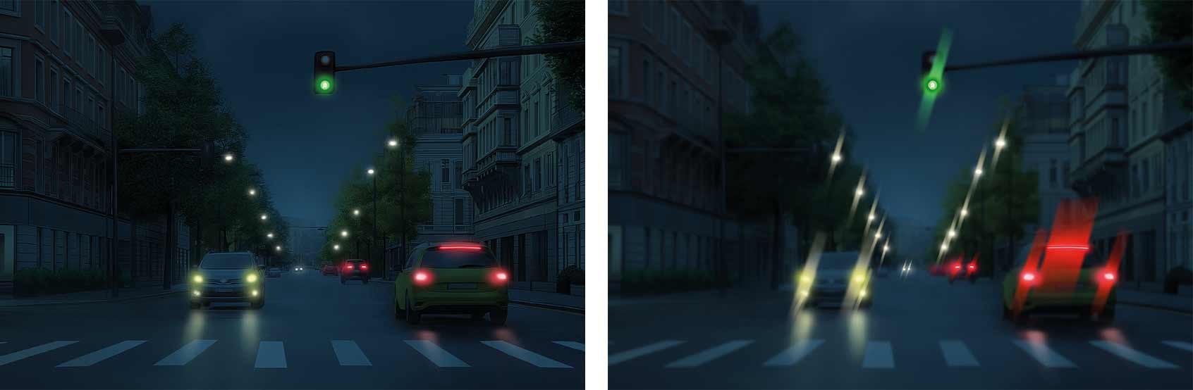 Links Zebrastreifen und Beleuchtung von Autos nachts klar erkennbar, rechts verschwommen. Rechts gehen von den Autolampen Lichtstäbe aus.